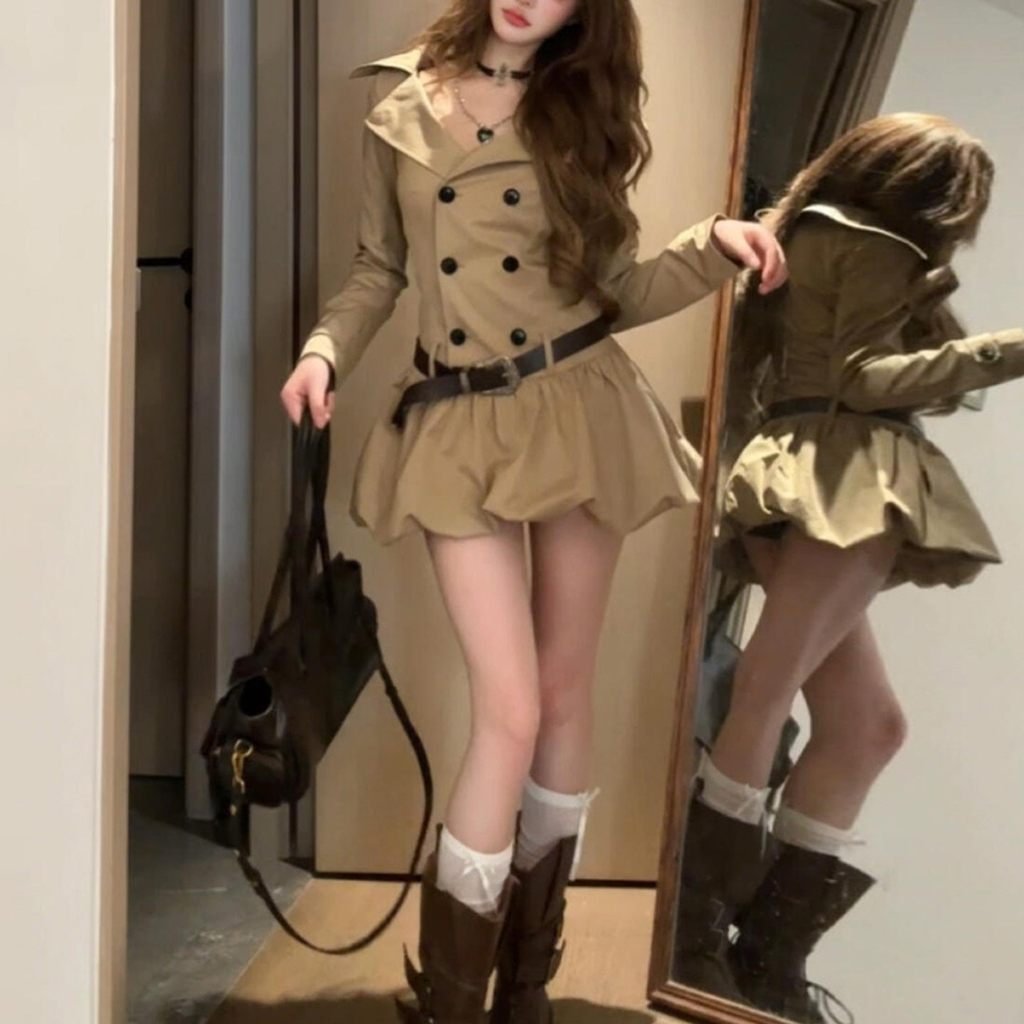 Korean-style Preppy Merlot Long-sleeve Dress