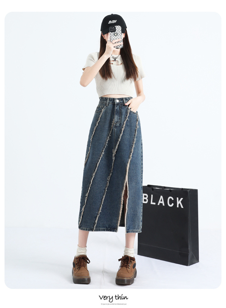 Street-Style Khaki High-Waisted Denim Skirt, Raw Hem & Slit