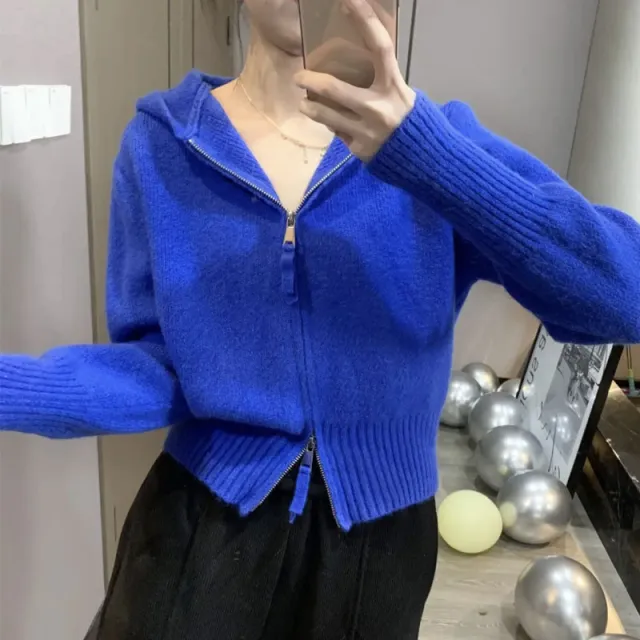 Women's Double Zipper Sweater Coat Cardigan Blue - Shop at LoveMi
