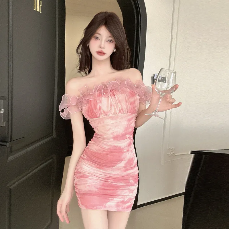 Mesh Print Floral Bustier Peplum Bodycon Dress - Pink