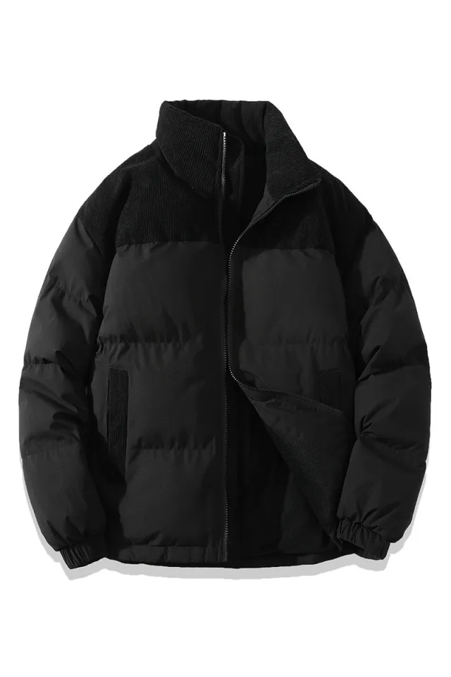 Winter Stand Collar Contrast colored Coat Cotton Padded Jacket For Men Women Clothing Black - Shop at LoveMi