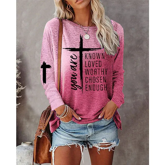 Gradient Text Printing Long Sleeve Round Neck Top Pink - Shop at LoveMi