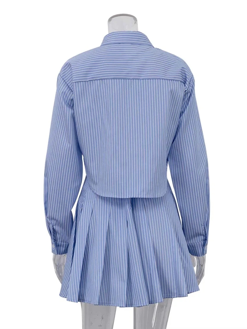 Elegant Blue Striped Women's Two-piece Set Fashion Long Sleeve - Image 2