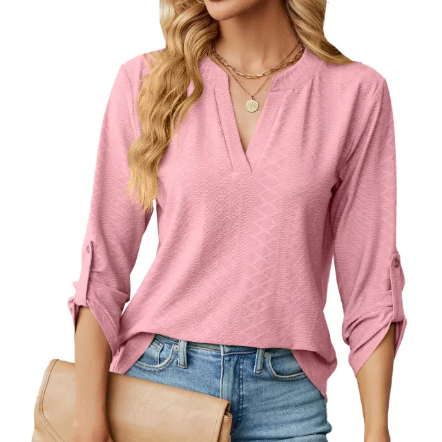 Women's V neck Buttons Solid Color Long Sleeve Loose fitting T shirt Top Pink - Shop at LoveMi