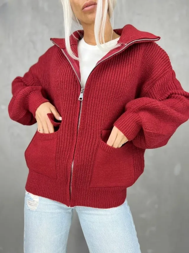 Women's Fashion Casual Zipper Long sleeved Knitted Cardigan Red - Shop at LoveMi