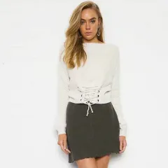 European And American Lace Up Loose Long Sleeve Plus Size Sweater - White - View 1