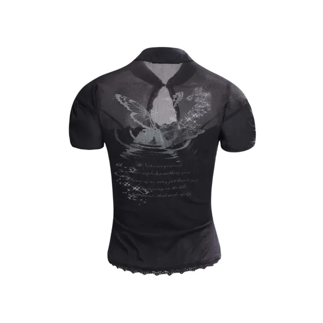 Black Sheer Mesh Long sleeved Lace Sling Vest Black - Shop at LoveMi