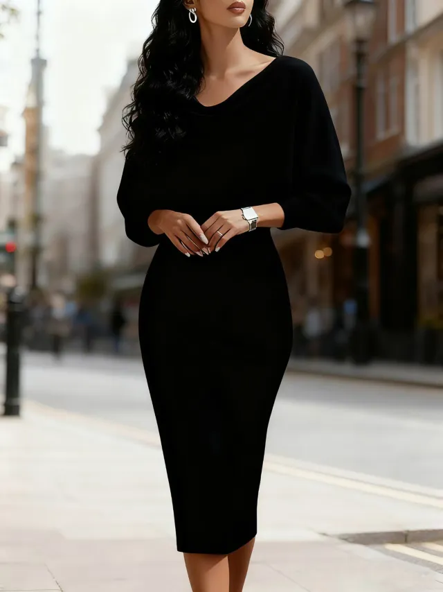 Womens Ribbed Crew neck Batwing Long sleeve Waist cinching Dress Black - Shop at LoveMi
