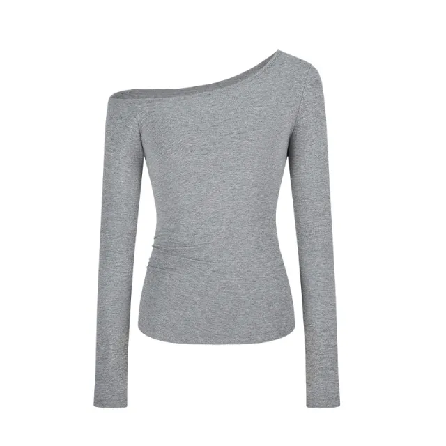 Pure Slim fit Slimming And Shoulder Hollow Long sleeved T shirt Women's Top Gray - Shop at LoveMi