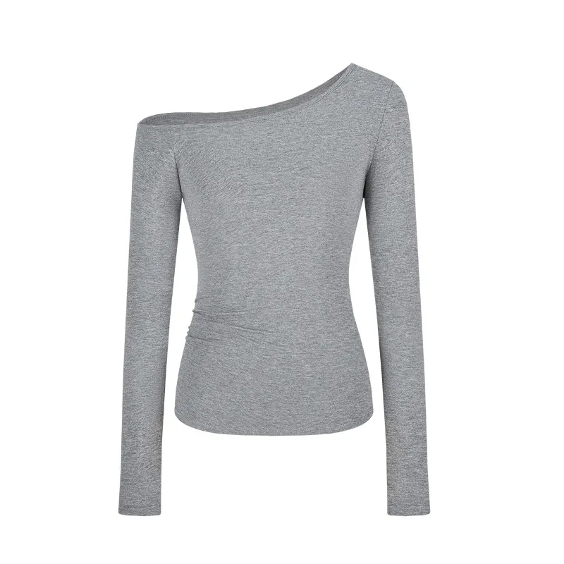 Pure Slim-fit Slimming And Shoulder Hollow Long-sleeved T-shirt Women's Top - Grey