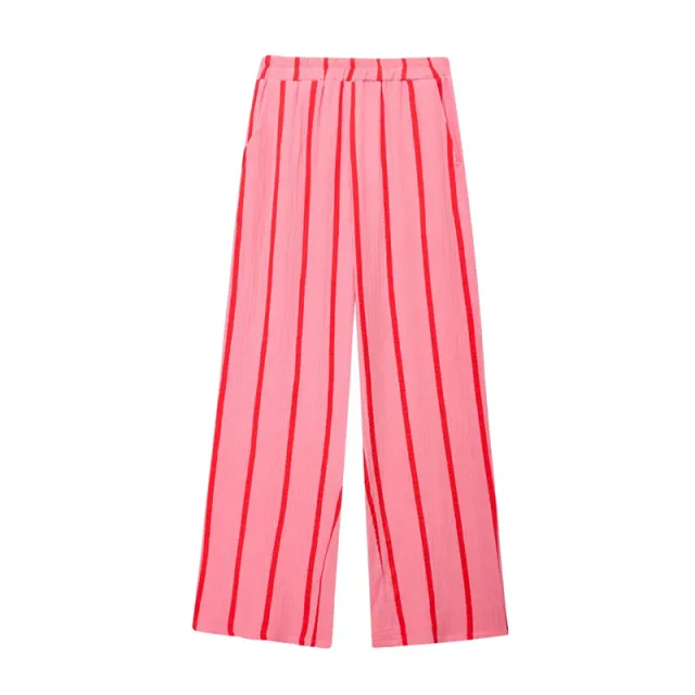Summer Stripes Bubble Cotton Loose Casual Shirt Loose Casual Wide Leg Pants Suit Pants Xs - Shop at LoveMi