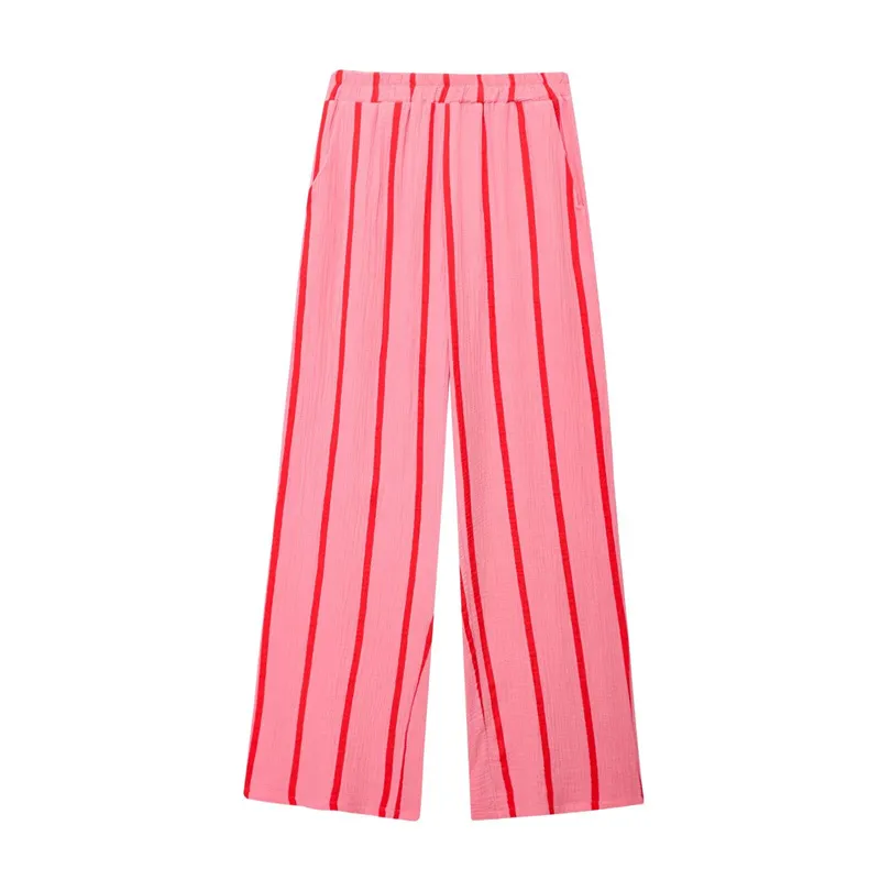 Summer Stripes Bubble Cotton Loose Casual Shirt Loose Casual Wide Leg Pants Suit - Pants-Xs