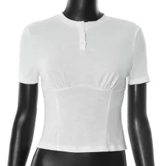 New Women's Solid-color Crew-neck Top With Buttons And Dropped Shoulders - White - View 1
