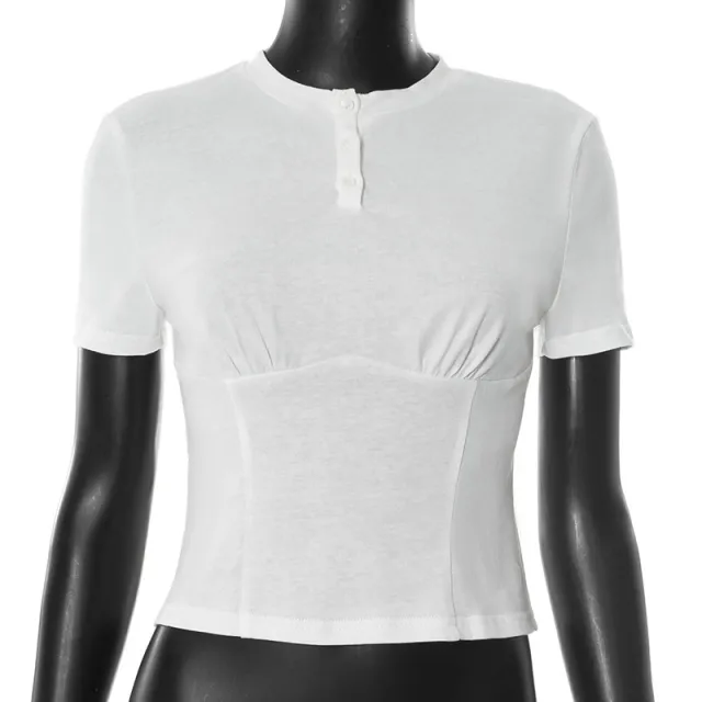 New Women's Solid color Crew neck Top With Buttons And Dropped Shoulders White - Shop at LoveMi