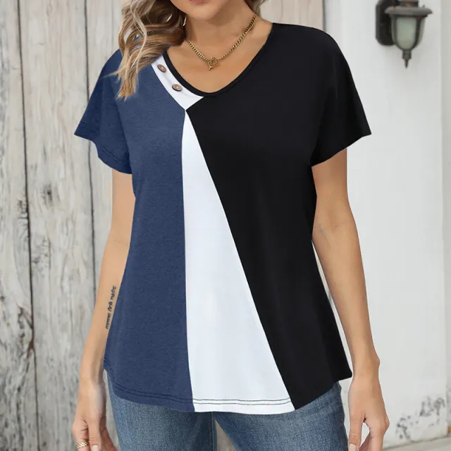 Women's Printing Color Contrast Loose Short sleeved T shirt Button Top Dark Blue - Shop at LoveMi
