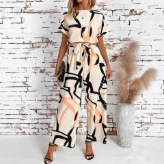 Women's Retro Waist-Cinching Figure-Flattering Elegant Short-Sleeve Printed Jumpsuit - Colour - View 1