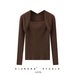 Women's Long-sleeved Knitted Bottoming Shirt Trendy Fake Two Pieces - Coffee - View 1