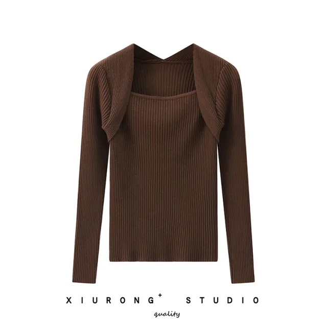 Women's Long sleeved Knitted Bottoming Shirt Trendy Fake Two Pieces Coffee - Shop at LoveMi