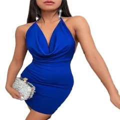 Summer Deep V-neck Dress Temperament Sling Backless Halter Dresses Women's Clothing - Blue - View 1