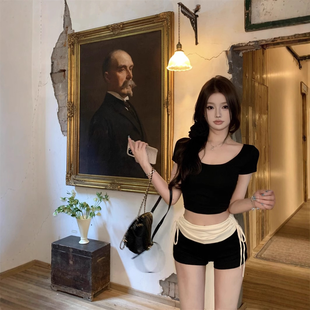 Black Slim-fit Crewneck Short-sleeve T-shirt Womens Figure-flattering All-match Top