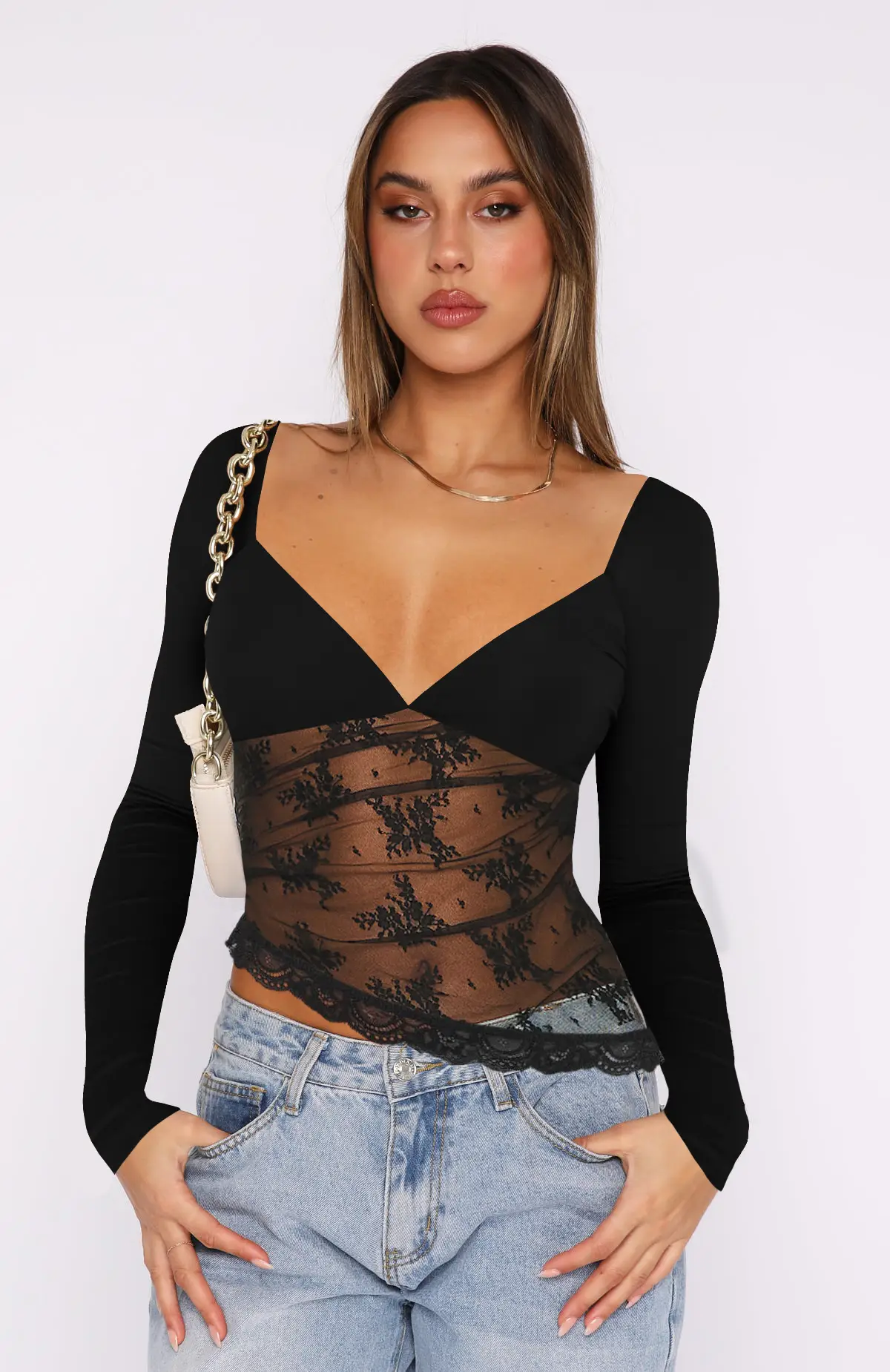 Autumn New Solid Color Lace Patchwork Top Womens Clothing