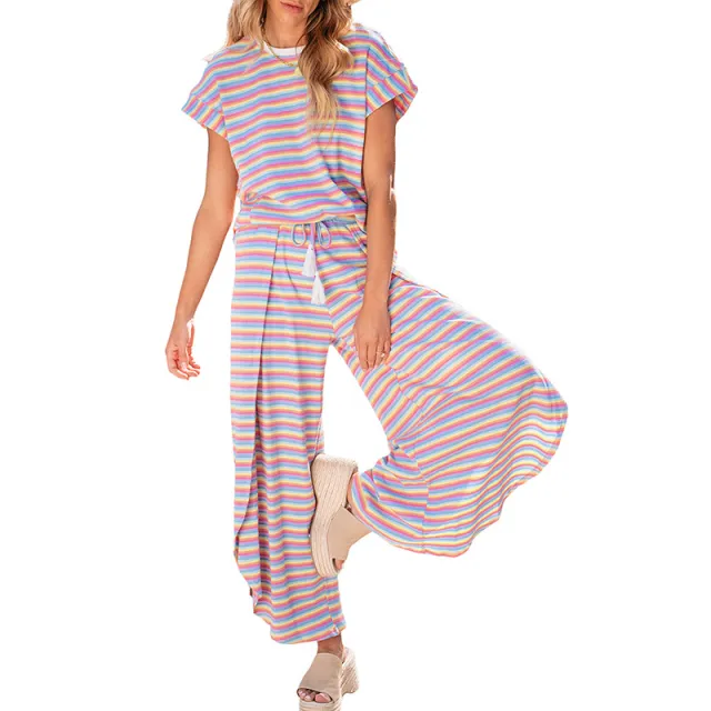 Summer New Short sleeved T shirt Wide leg Pants Two piece Set Pink - Shop at LoveMi
