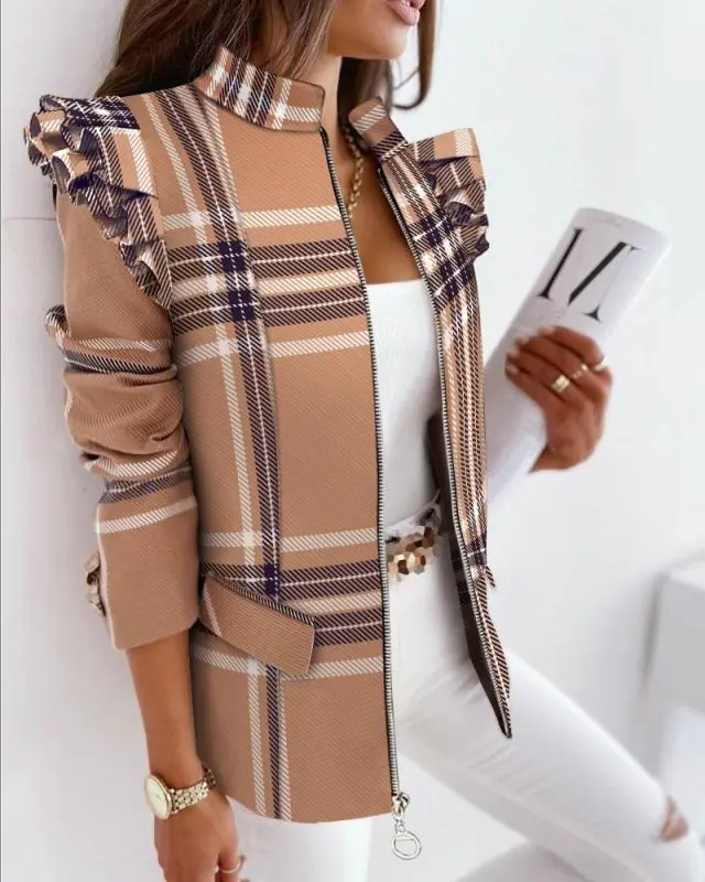 Autumn And Winter Ruffled Long Sleeve Zipper Printing Blazer Khaki Plaid - Shop at LoveMi