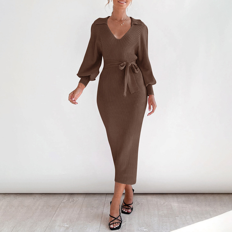 Elegant Retro Lightly Mature Lantern Sleeve V-neck Solid Color Knitted Sweater Dress