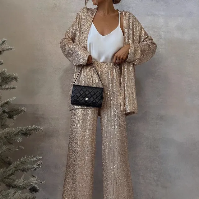 Three color Sequin Small Suit High Waist Fashion Casual Pants Two piece Suit Apricot - Shop at LoveMi