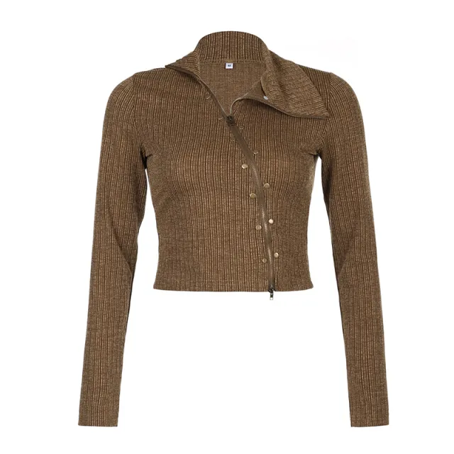 American Retro Brown Oblique Zipper Lapel Knitwear Design Sense Slit Hemline At Hem Khaki - Shop at LoveMi