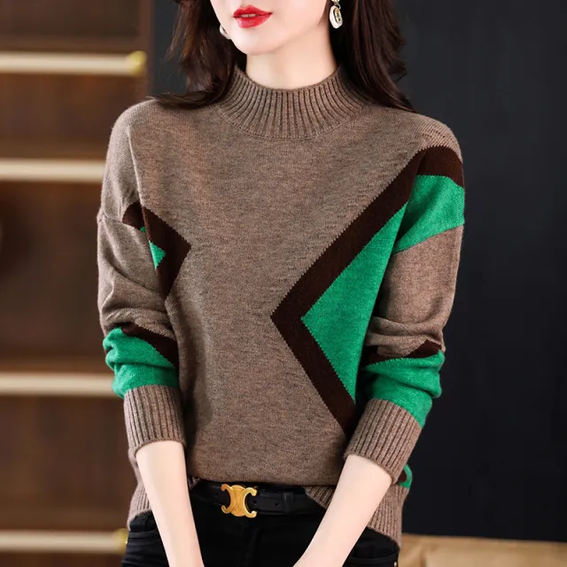 Women's Half Turtleneck Loose fitting Versatile Sweater Color Matching Knitted Bottoming Shirt Camel - Shop at LoveMi