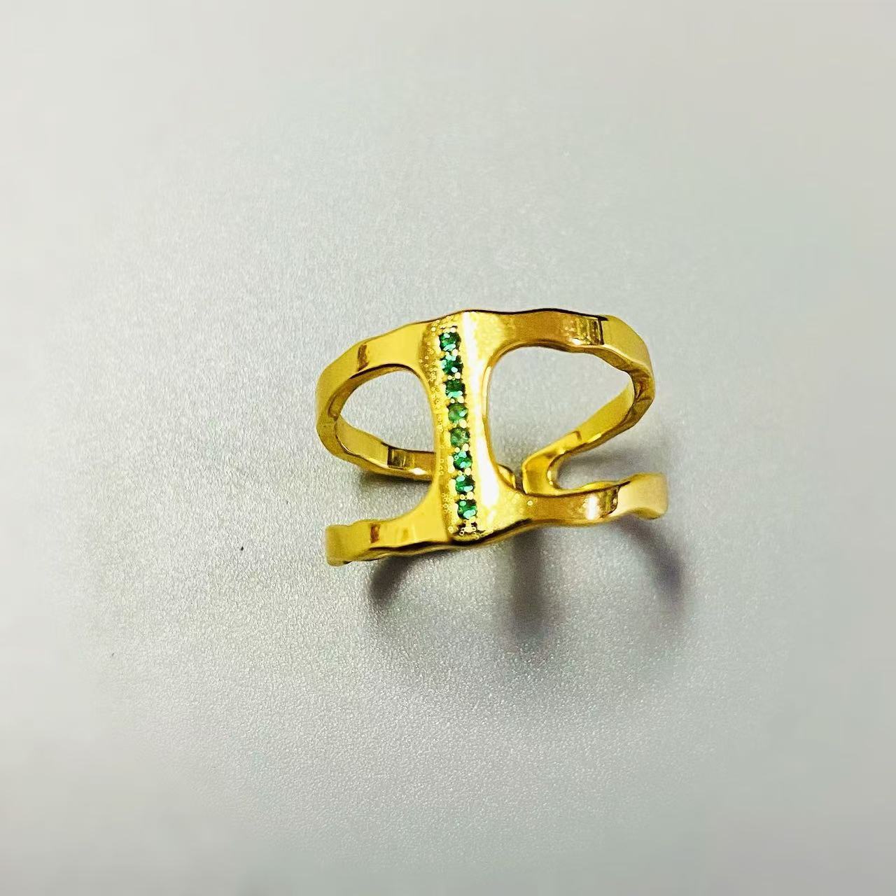 Female Copper Plating 18K Gold Inlaid Emerald Zircon Geometric Open Ring