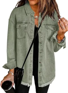 Washed Denim Shirt Women's Personalised Street Style Frayed Hem Coat - Olive - View 1