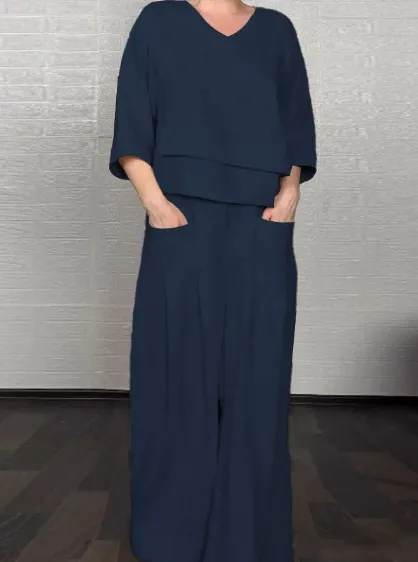 Solid Color Round Neck Long Sleeve Casual Top Straight leg Pants Two piece Set Navy - Shop at LoveMi