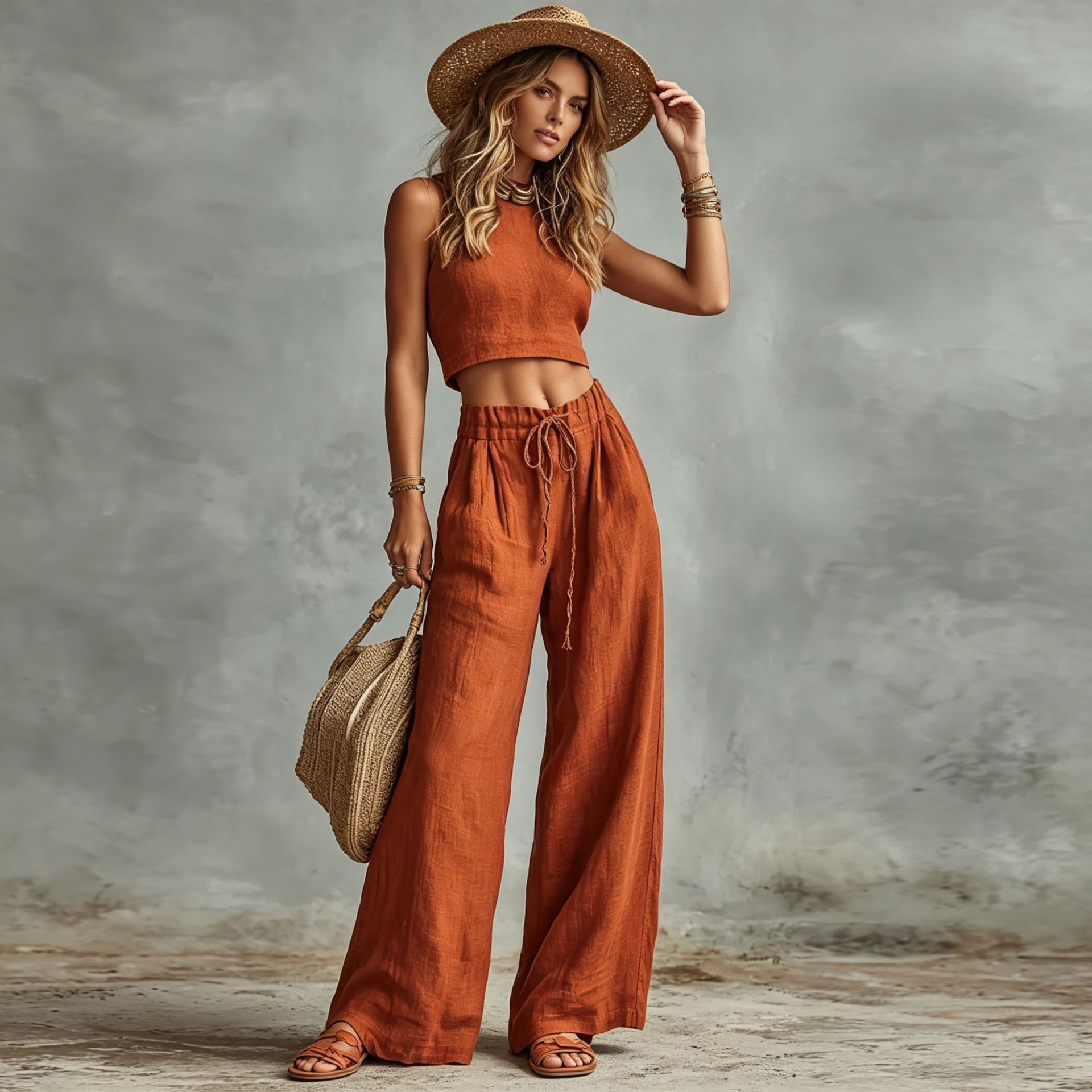 Vest Drawstring High-Waist Wide-Leg Pants Two-Piece Set 6