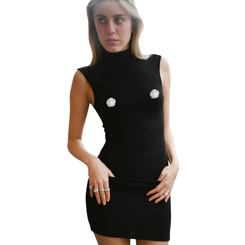 Flower Solid Color Sleeveless Turtleneck Slim Fit Dress