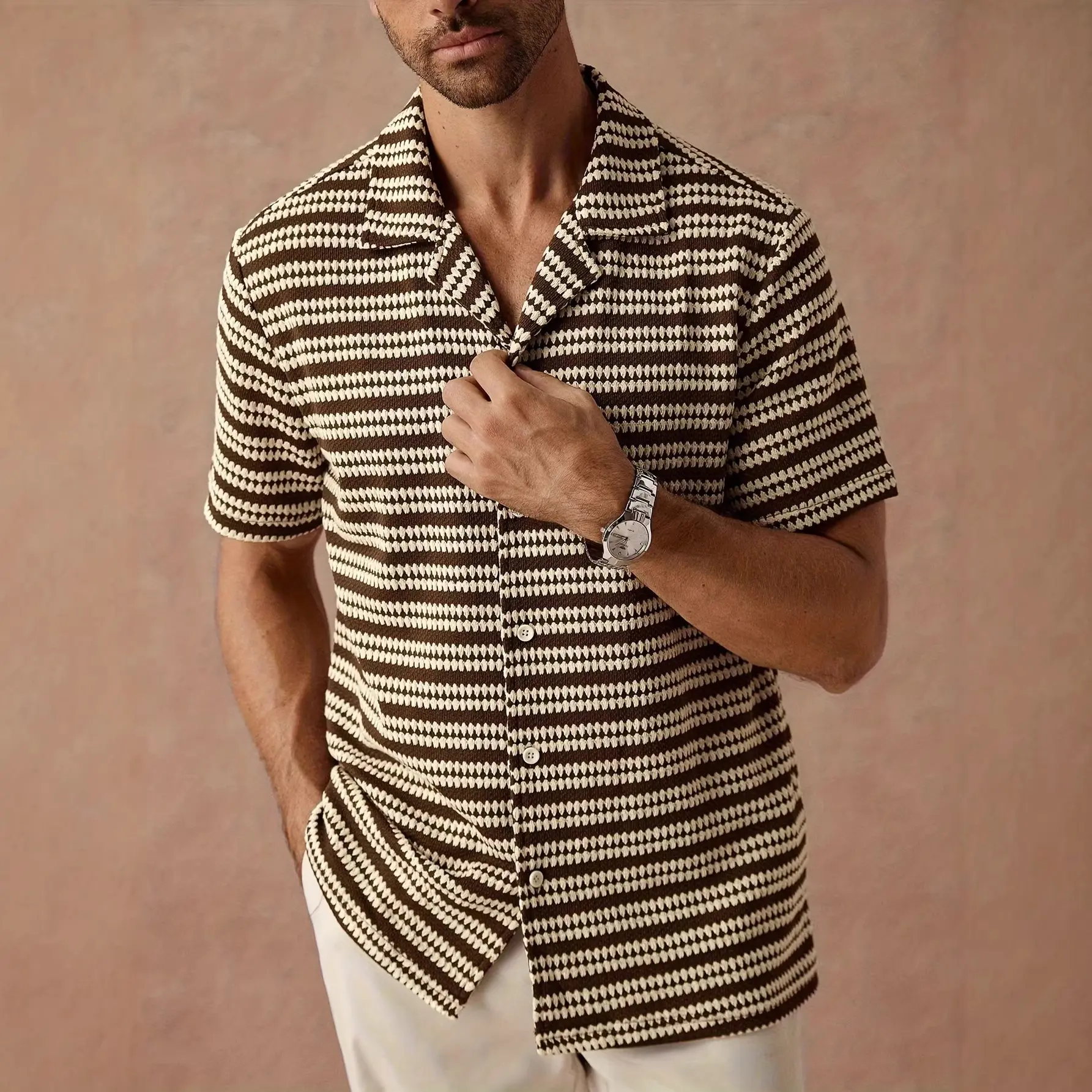 Mens Casual Short-sleeve Striped Shirt Versatile