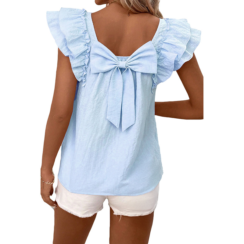 Women's Short sleeved T shirt With Bow Decoration Blue - Shop at LoveMi