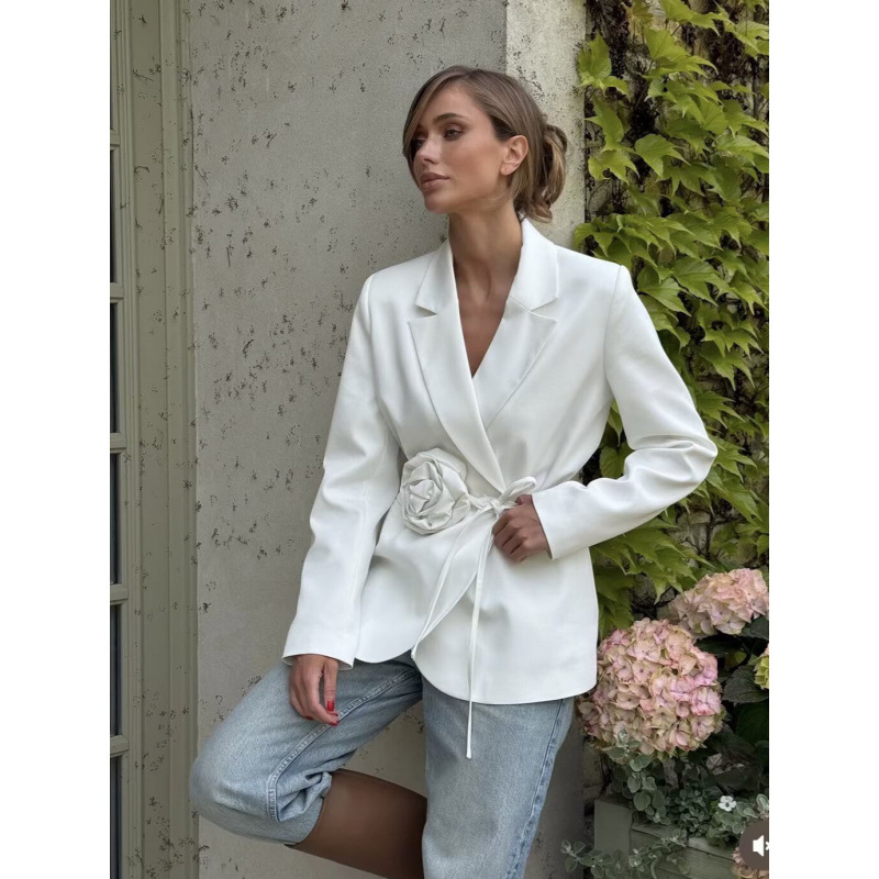 Womens Loose-Fit Lace-Up Blazer With 3D Floral Embellishments