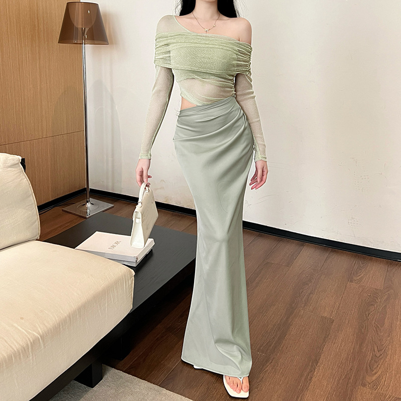 Off-shoulder Mesh Stitching Long Sleeves Dress Female Dress