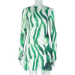 Women's Sheer High Neck Dress With Print Loose Fit Wrap Skirt Dress - Green - View 1