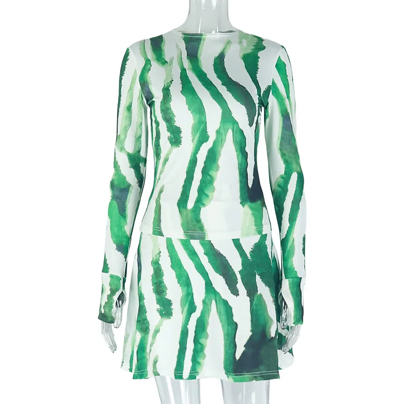 Women's Sheer High Neck Dress With Print Loose Fit Wrap Skirt Dress - Green