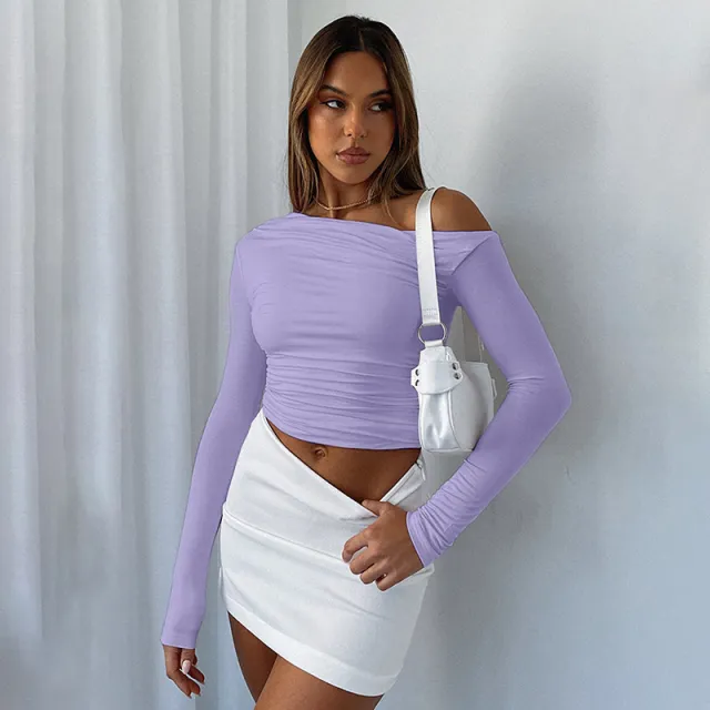 Women's Autumn And Winter New Long Sleeve One shoulder Cold shoulder Style Top Purple - Shop at LoveMi