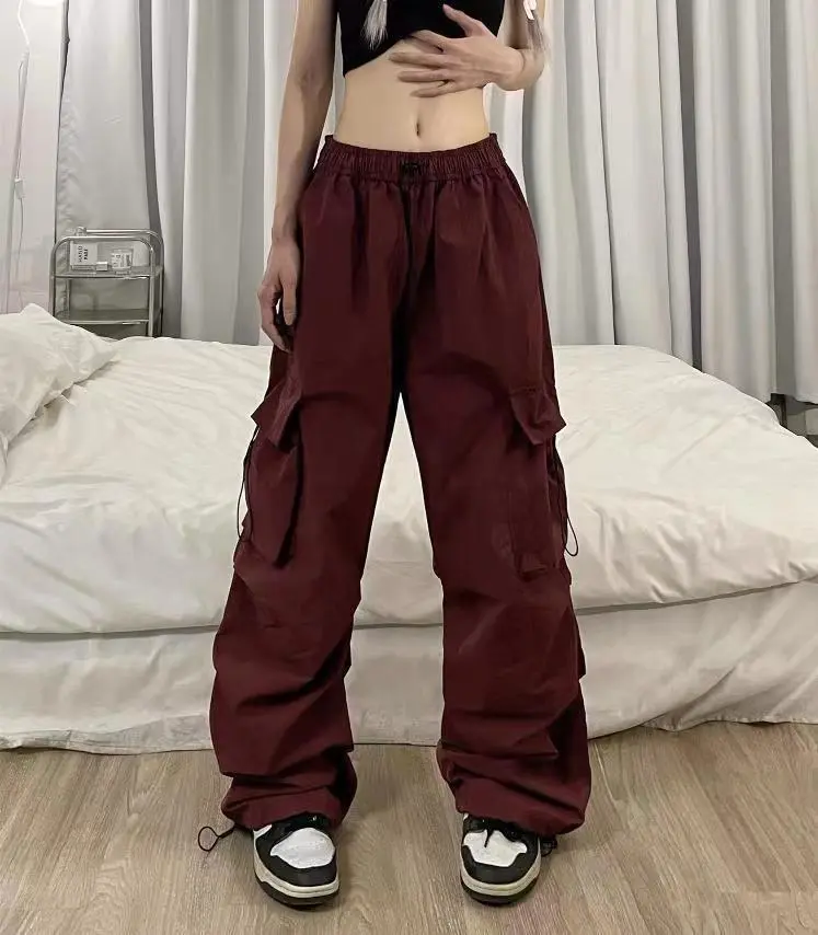American Retro Workwear Casual Pants Straight Drooping Ankle-tied Ins - Wine