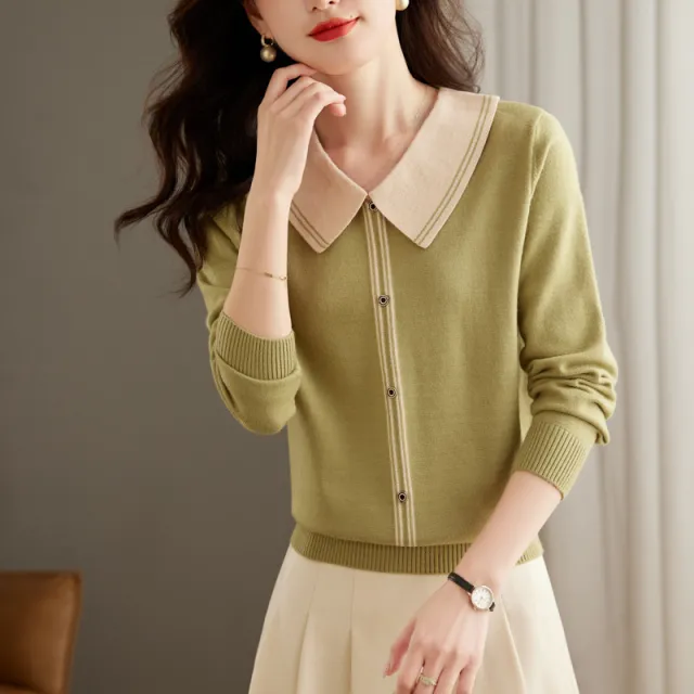 Women's Fashion Color Contrast Slimming Sweater Green - Shop at LoveMi