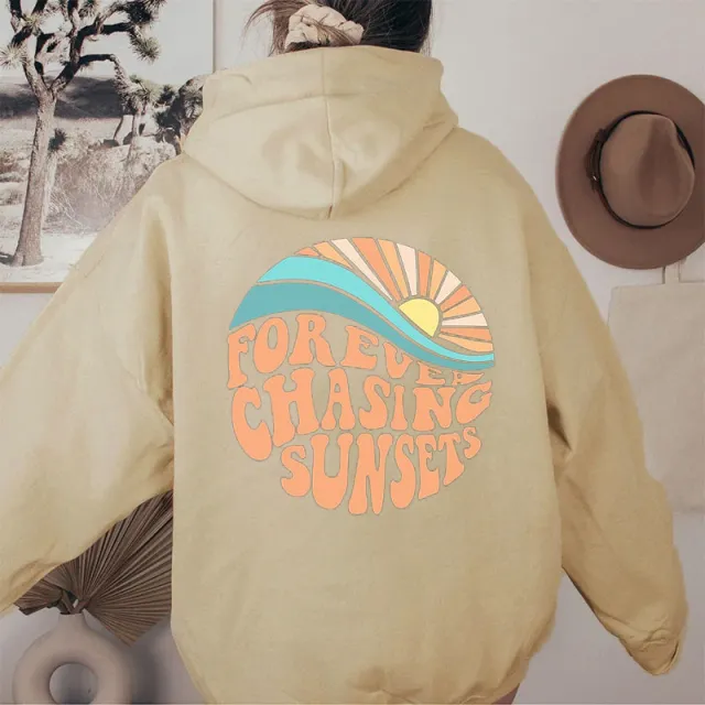 Fleece lined Sunset Print Kangaroo Pocket Drawstring Hoodie Khaki - Shop at LoveMi