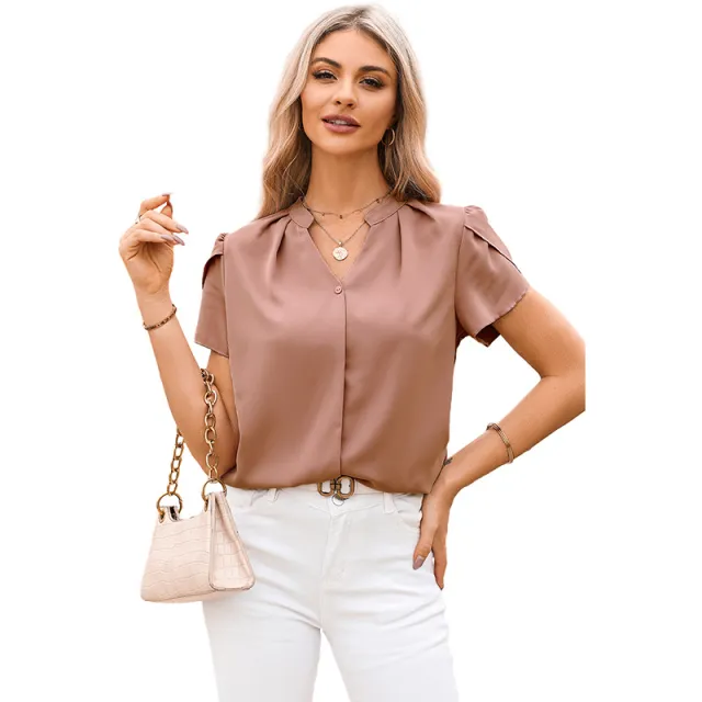 Solid Color Pullover V neck Chiffon Shirt For Women Lc25125099P9010 M - Shop at LoveMi
