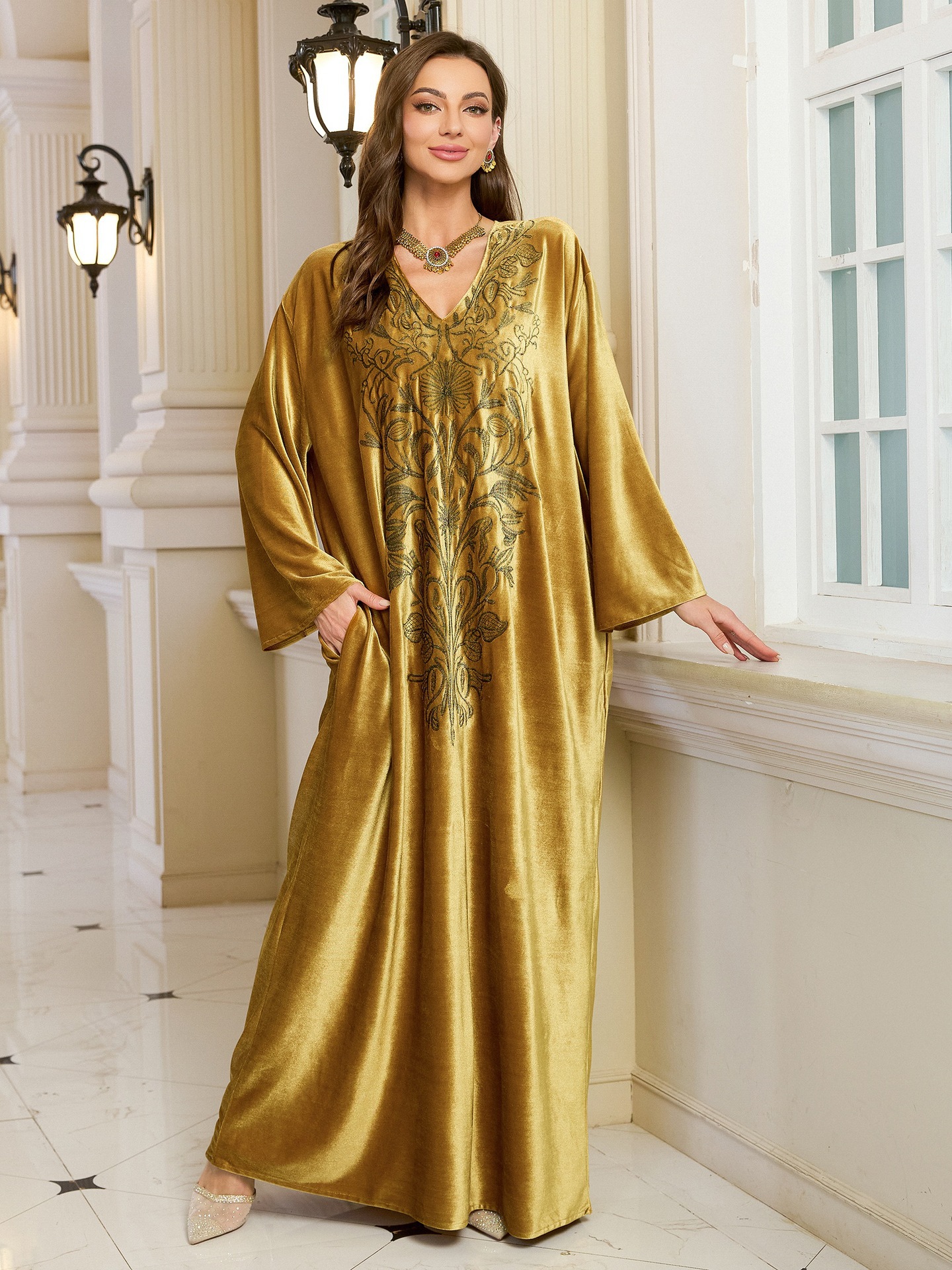 Embroidered Velvet Loose Plus Size Robe Vacation Beach Coat Dress Outerwear Cover up Gold - Shop at LoveMi