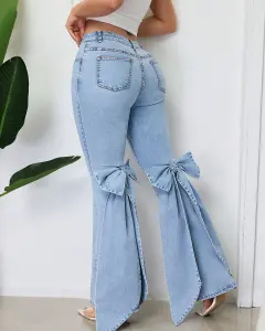 Womens High Waisted Stretchy Denim Flared Jeans With A Bow Detail - Blue - View 1