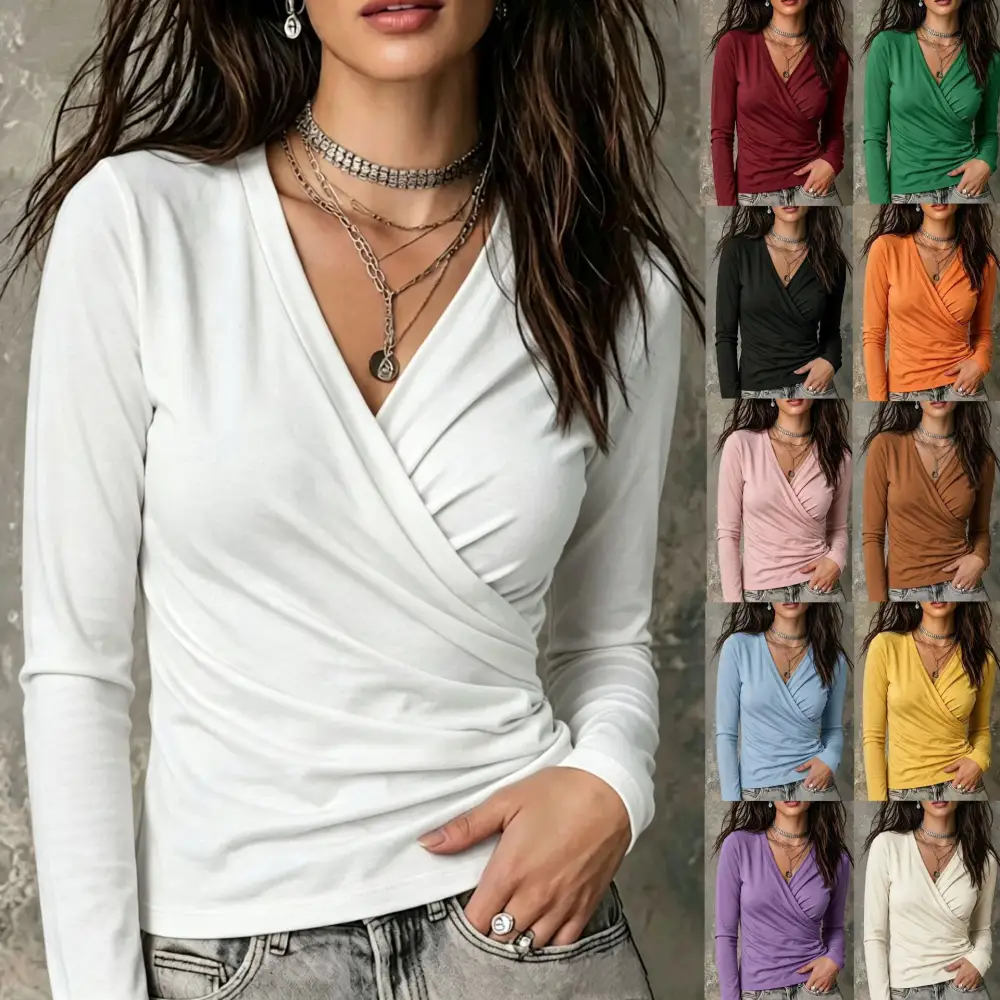 Slim Long Sleeve T-shirt Women's Casual V-Neck Top Ruched